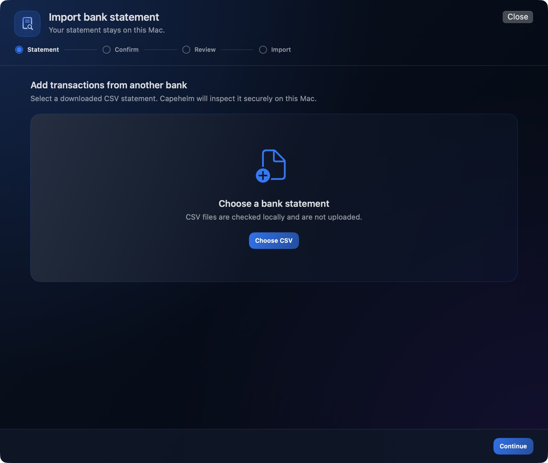 Capehelm transaction import screen showing the Statement, Confirm, Review, and Import workflow.