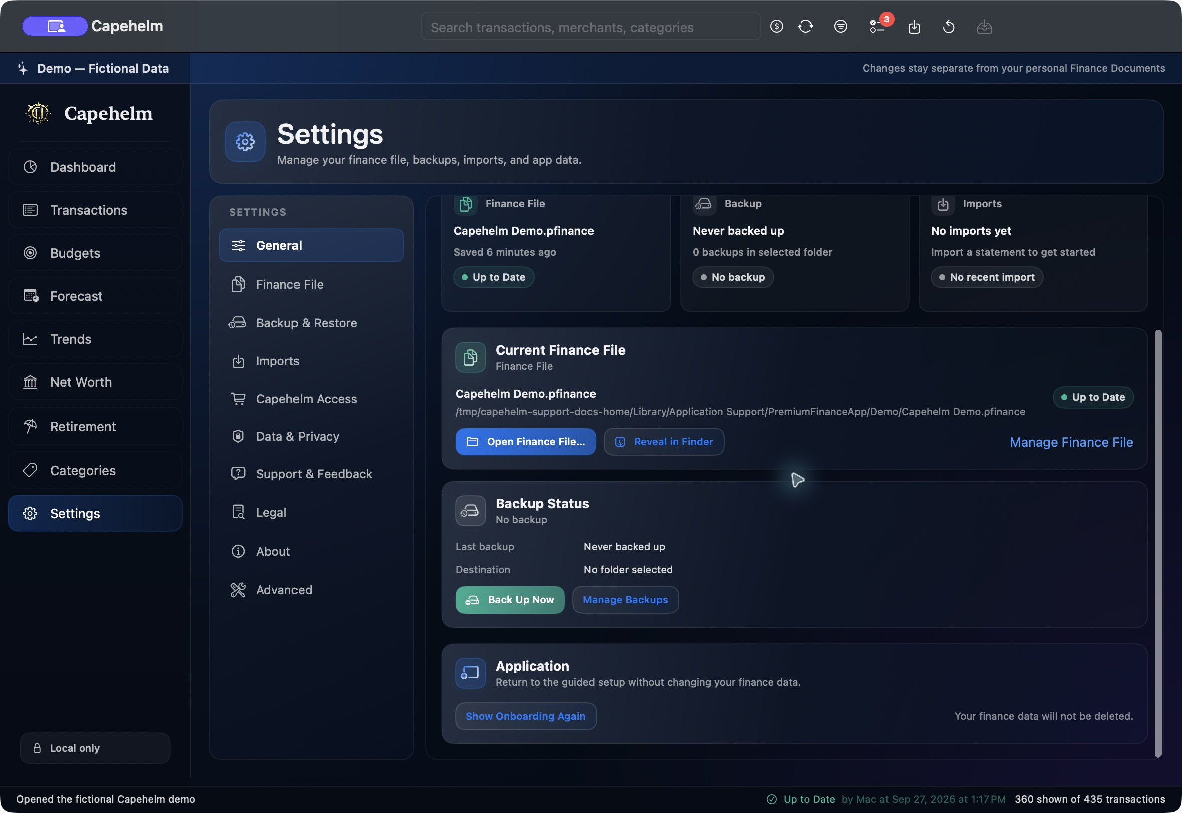 Capehelm Settings showing Backup Status with Back Up Now and Manage Backups controls in the fictional Demo.