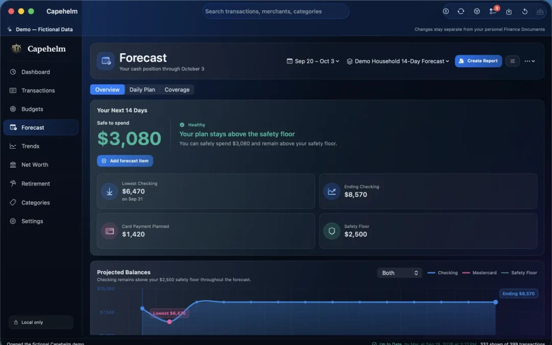 Capehelm Forecast showing a 14-day forward-looking cash-flow plan with projected balances and upcoming commitments.
