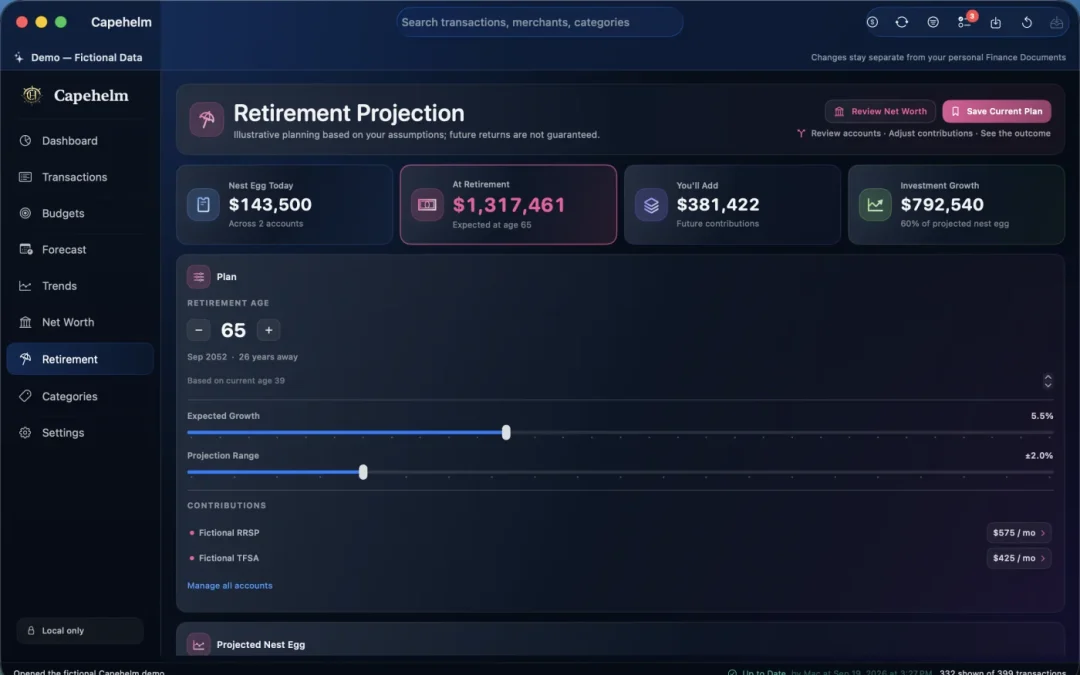 Capehelm Retirement projection showing user-controlled assumptions, projected growth, contributions, and retirement outcomes.